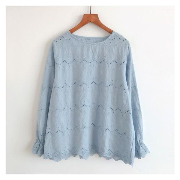 

loose hollow out embroidery long sleeve cotton shirt mori girl1, White