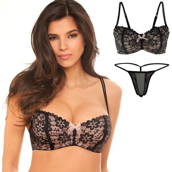 

miaoersidai floral lace bra set for women pink bow brassiere plus size bralette and thong 30-40 a-g cup #7613 y200708, Red;black