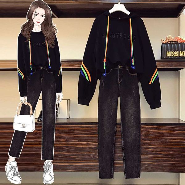 

new sweater autumn / winter 2020 large women's wear fat sister younger age show thin suit two pieces of foreign style jeans, Black