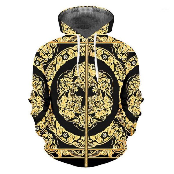 

ifpd eu/us size baroque court style zipper hoodies 3d print crown golden flower luxury sweatshirts men women plus size pullover1, Black