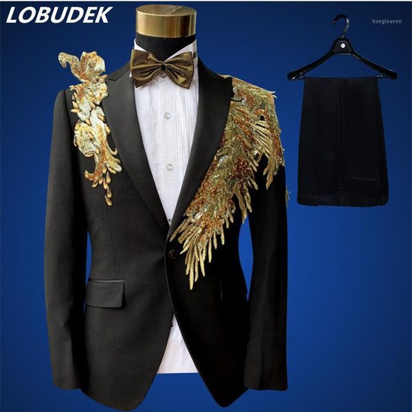 

jacket+bow tie+pants) formal men's suits gold black sequins crystals blazers trousers 2 pieces set singer host stage costumes1, White;black