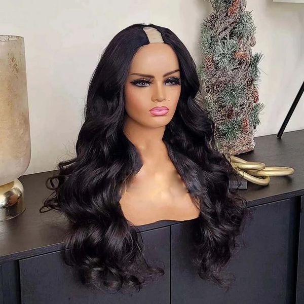 

250density glueless body wave 100% human hair u part wig remy unprocessed water curly wavy full machine half shape wig, Black