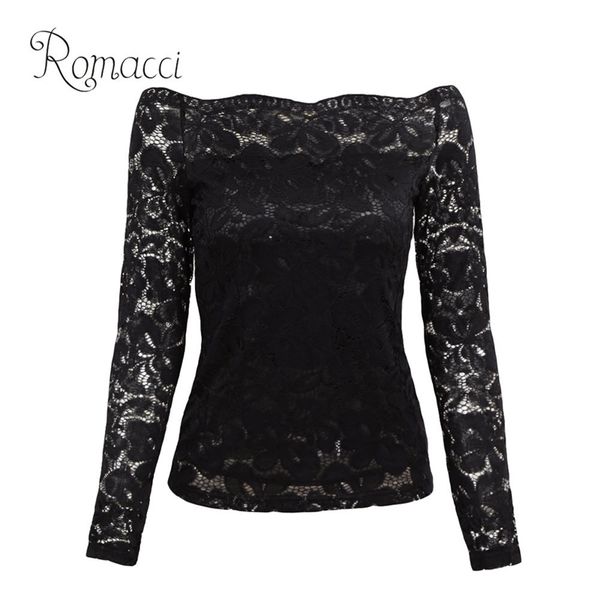

romacci women hollow out lace blouse off shoulder slash neck long sleeve shirt elegant ladies xxxl xxxxl 5xl plus size y200402, White