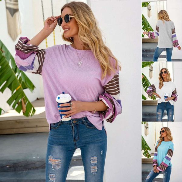 

2020 summer new stitching stripe leisure long sleeve knitting women's wear, White