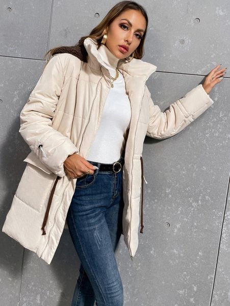 

flap pocket drawstring waist hooded puffer coat w1xp#, Black