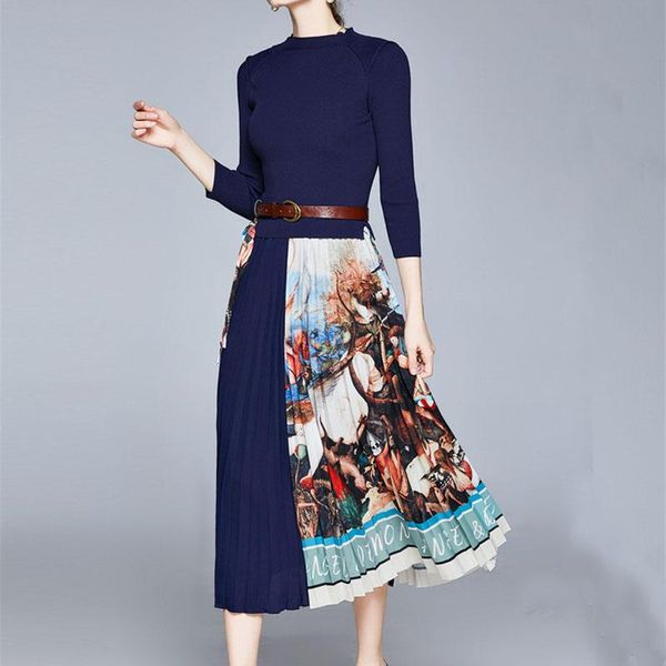 

casual dresses cbafu woman maxi knitted winter long dress elegant patchwork pleated with belt women elastic print femme robe party q015, Black;gray