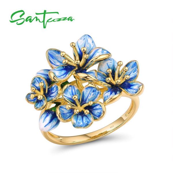 

santuzza silver rings for women genuine 925 sterling silver gold color exquisite flowers trendy fine jewelry handmade enamel 201006, Golden;silver