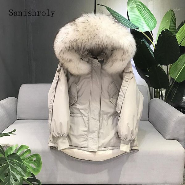

sanishroly winter women hooded coat casual thicken white duck down jacket big fur collar parka female short outerwear se6951, Black