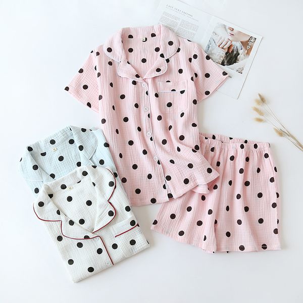 

korean cute dot gauze cotton pajamas women summer sleepwear female home suit short sleeve + shorts women's clothing homewear, Black;pink