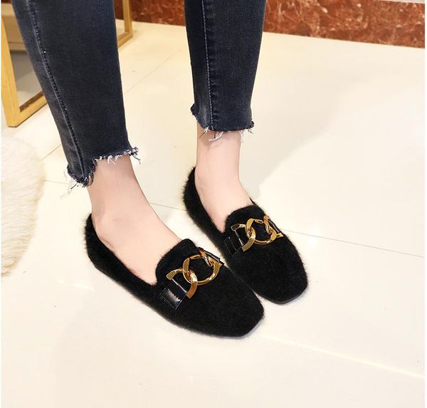 

new autumn wintermetal chains fur flats women shoes ballerina winter plush shoes for women warm plush loafers, Black