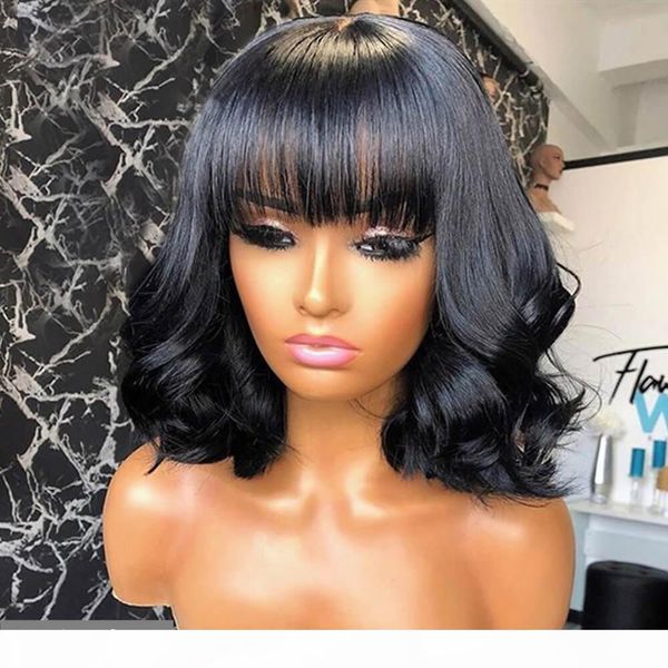 

remy human hair wigs full machine made wigs no lace curly wigs with bangs baby hair pre plucked peruvian fringe wig, Black;brown