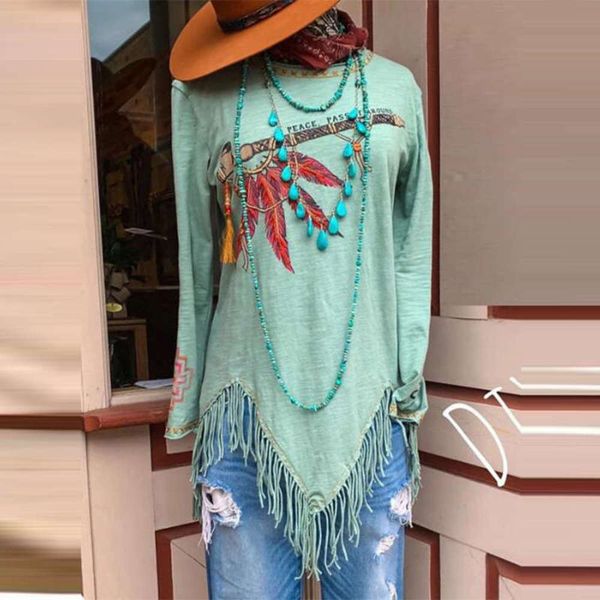 

tassel women's long fashion new print sleeve crew neck t-shirt, Black;gray