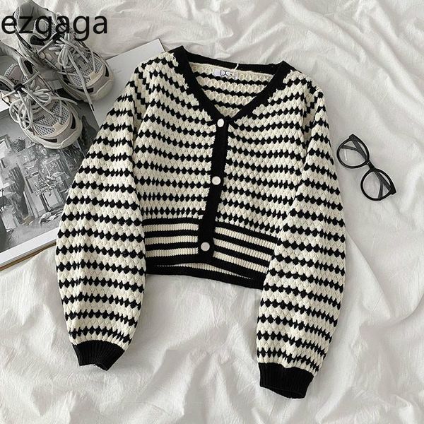 

ezgaga vintage sweater women fashion v-neck stripe long sleeve retro loose single breasted winter clothes korea style female, White