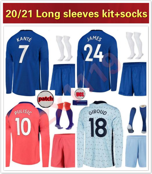 

20 21 long sleeves pulisic soccer jerseys kovacic jorginho giroud kante pedro 2020 2021 mount home away third men kit football shirts, Black