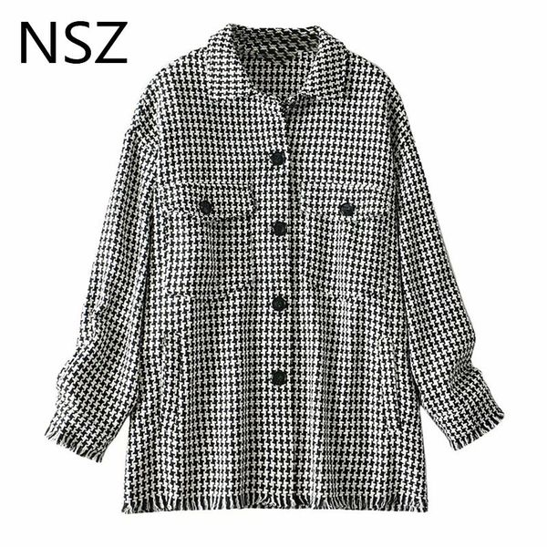 NSZ Frauen übergroße schwarz-weiße Hahnentritt-Tweed-Jacke Herbst kariertes Hemd Mantel kariertes Oberhemd Oberbekleidung Chaketas Mujer 201027