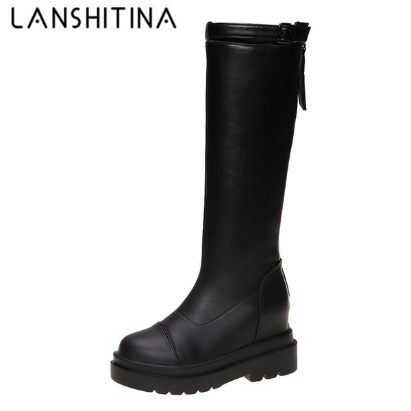 

new leather winter boots women fashion long boots buckle square heels knee high woman waterproof platform shoes female 7cm, Black