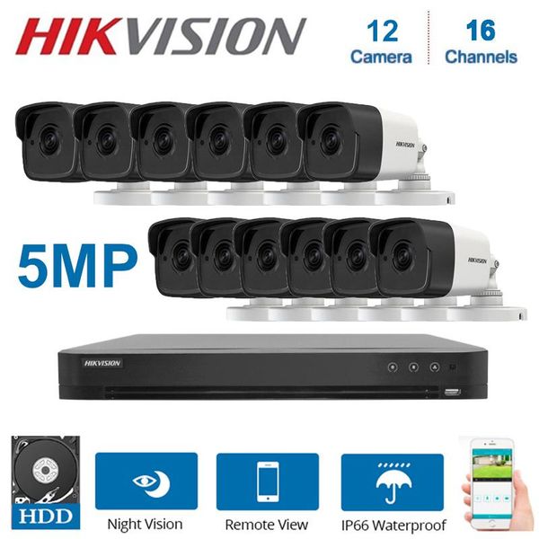

systems hikvision 4k16channels dvr hybrid video surveillance recorder with 12 pcs 5mp night vision waterproof security camera kits