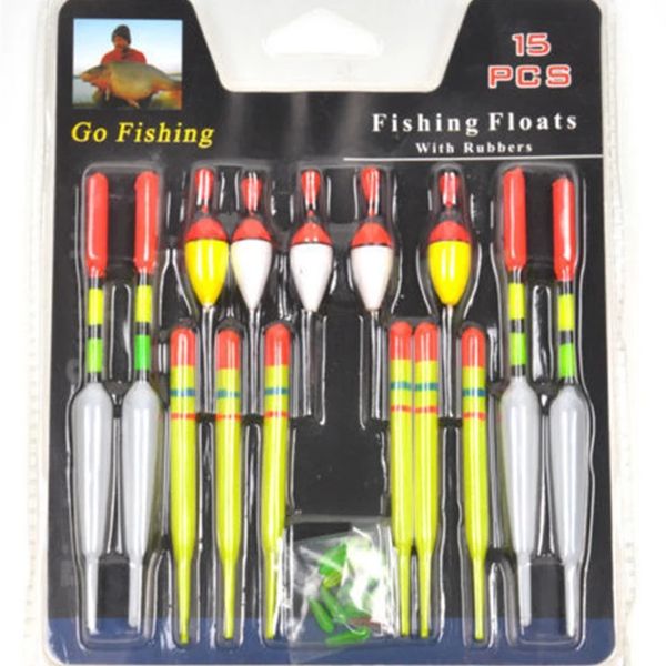 Sea Vertical Bóia Pesca Float Pesca Tamanho variado para a maioria dos tipos de pesca com borrachas de fixação iscas 1 conjunto (15pcs)