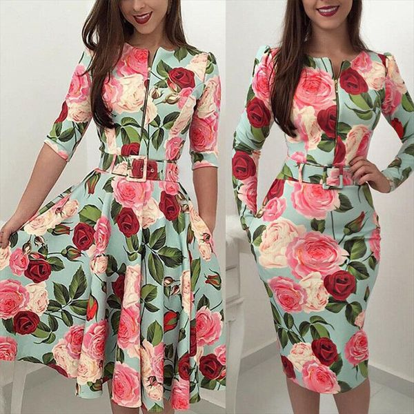 

new women ladies long sleeve crew neck vintage casual party floral print slim fit high waist elegant midi dress, Black;gray