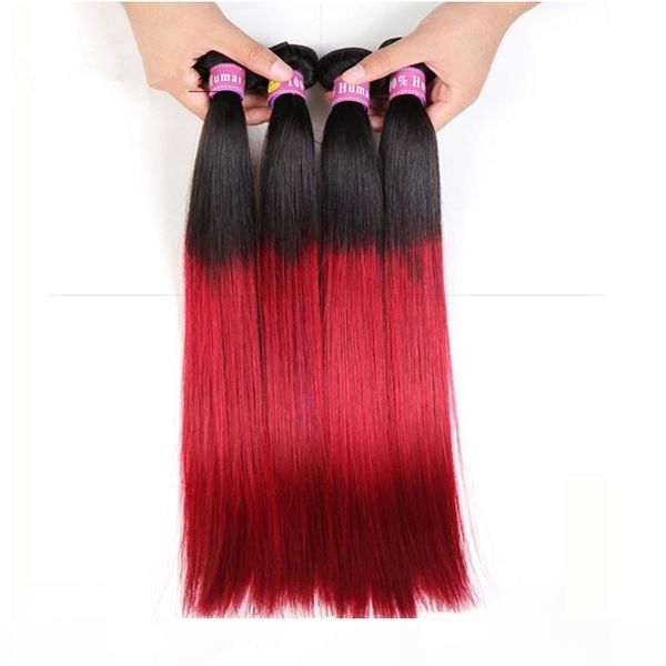 

sell virgin brazilian red ombre human hair #1b red two tone hair weaves silky straight brazilian 4 bundles ombre hair extesnions, Black
