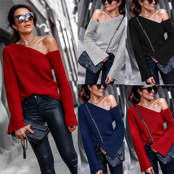

long sleeve pullover knits autumn winter fashion loose women all match womens strapless sweaters solid color sexy, White;black