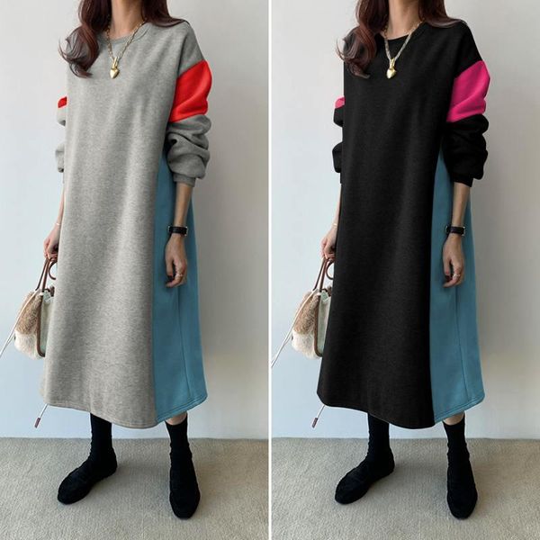 

casual dresses female o neck vestido oversize womens spring autumn midi dress zanzea fashion sweatshirt korean patchwork color robe femme, Black;gray