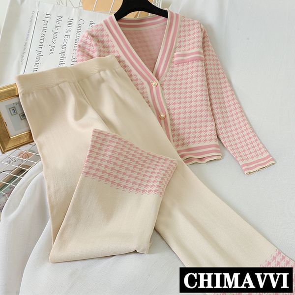 

spring new v-neck women plaid knitted cardigan sweater + casual wide-leg trousers two-piece set female loose knitting suit 201007, White