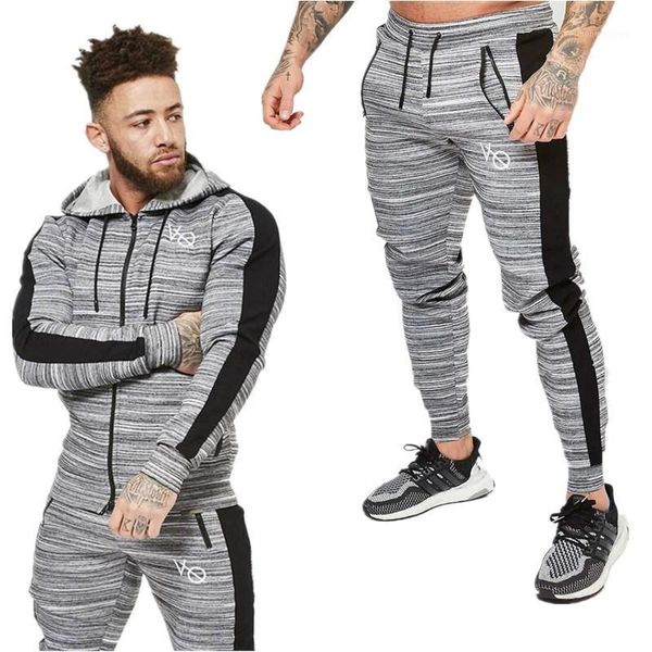 

men's wear 2018 cotton cut color striped men's sports running suit long sleeved zipper gym gym suit outdoor casual wear1, Gray