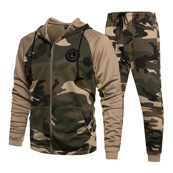 

camo men tracksuit hooded sweatshirt+2 pieces sports wear gym clothing jacket casual camouflage joggers set 2020 autumn winter, Gray