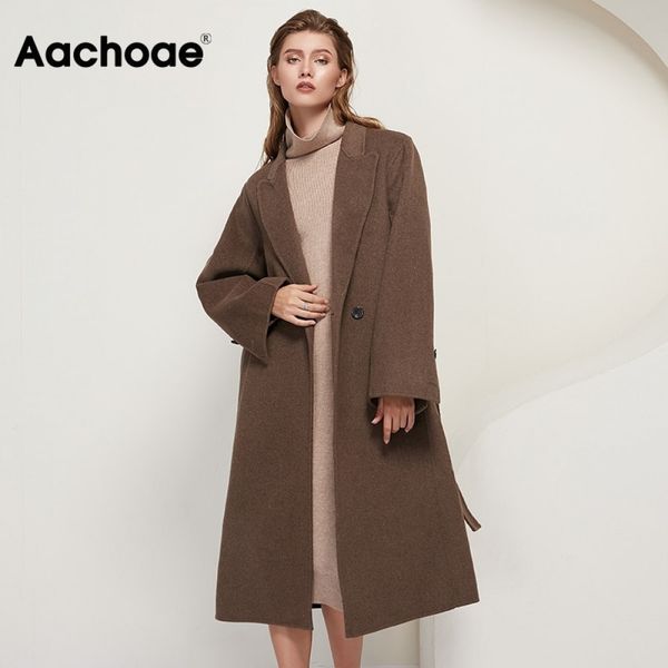 

aachoae winter women 100% wool long coat with belt solid double breasted chic overcoat long sleeve casual woolen coats 201102, Black