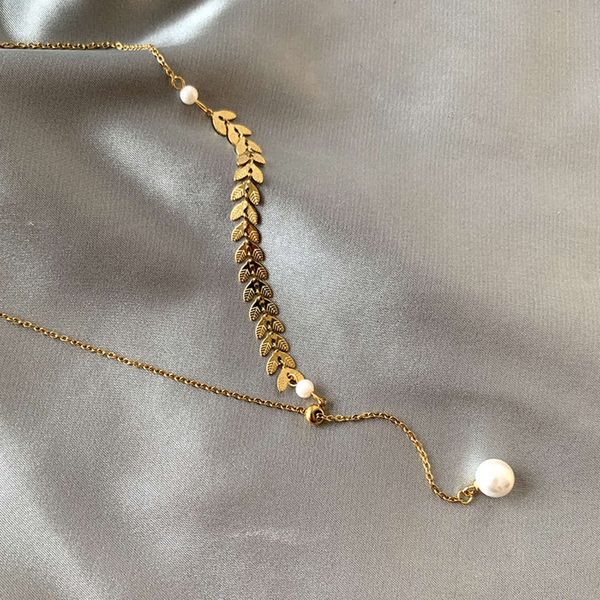

women's necklace 2020 new cross chain titanium steel leaf accessories pearl long chain pendant couple, Silver