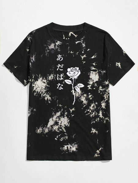 

romwe guys tie dye & floral japanese print tee u9k0#, White;black