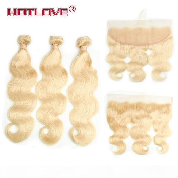 

ove remy hair blonde color hair wefts 3 bundle with 13*4 ear to ear lace frontal closure brazilian virgin human hair blonde 613, Black;brown