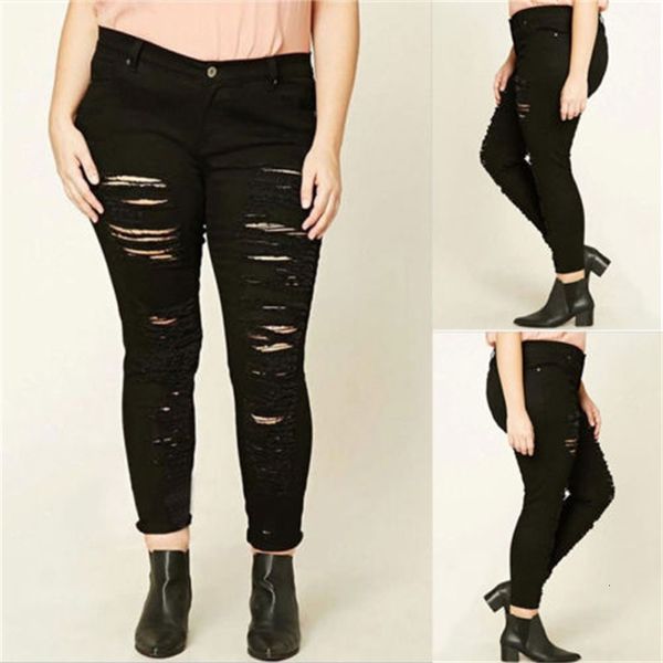 

hole jean button casual black ankle length split fashion new women denim trouser plus size l xl xxl xxxl, Blue