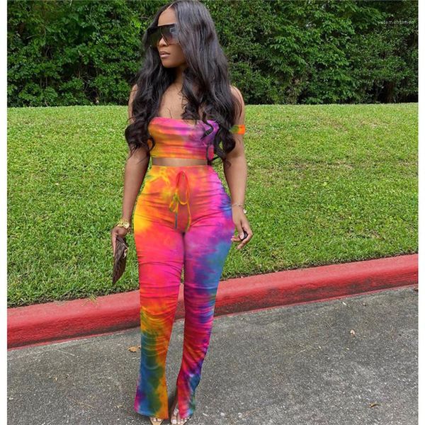 

designer female sport matching outfit women tie dye printing sets summer strapless crop flare split jogger sweatpants suit two piece set, White