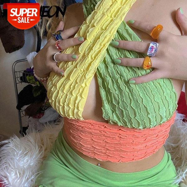 

allneon y2k aesthetics patchwork criss cross knitted halter 2000s fashion backless vintage crop sweet sleeveless vests #4d67, White