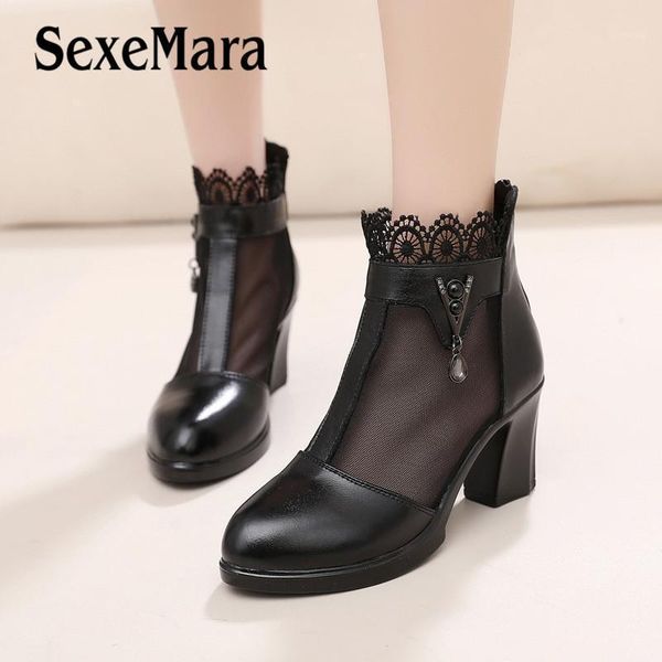 

boots sexemara fashion women ankle hollow lace net yarn genuine leather square heel women's shoes female footwear1, Black