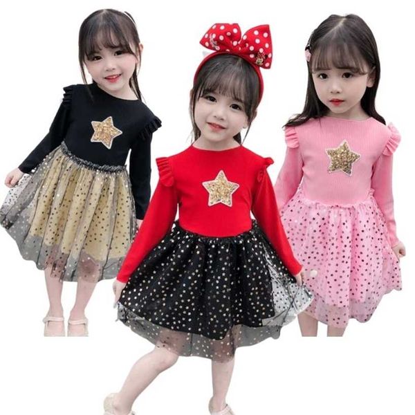Roupas infantis Natal tutu vestidos de manga cheia estrela de ouro vermelho princesa vestido de tricô para meninas bebê bonito vestidos 220106