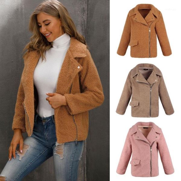 

teddy jacket veste femme 2021 women's lapel long sleeve faux shearling coat winter outerwear blouson femme cazadoras de mujer1, Black;brown
