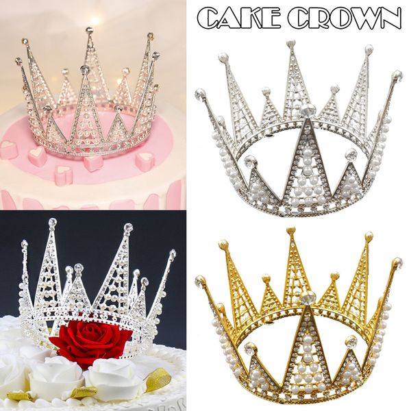 

triangular imitation pearl rhinestone crown cake er for cake decoration bridal headdress baking decoration xin-shipp, Golden;silver