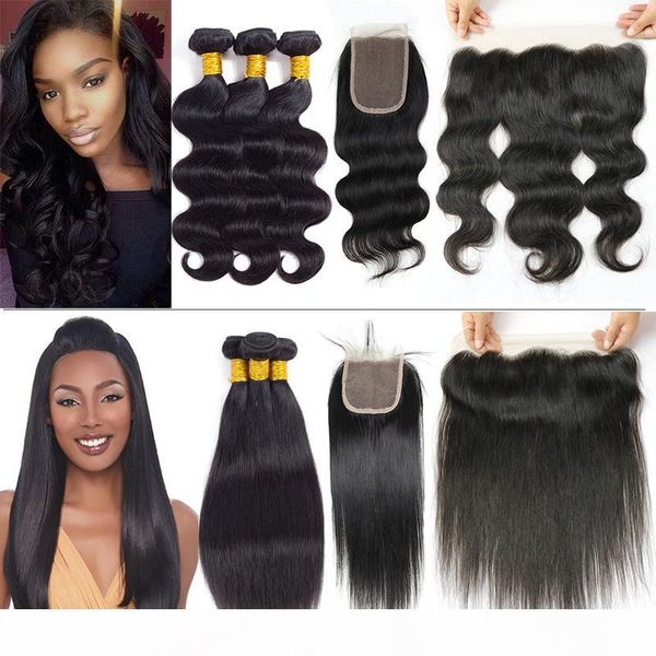 

peruvian virgin body wave straight human hair with lace closure brazilian straight wet and wary hair weaves bundles with lace frontal, Black
