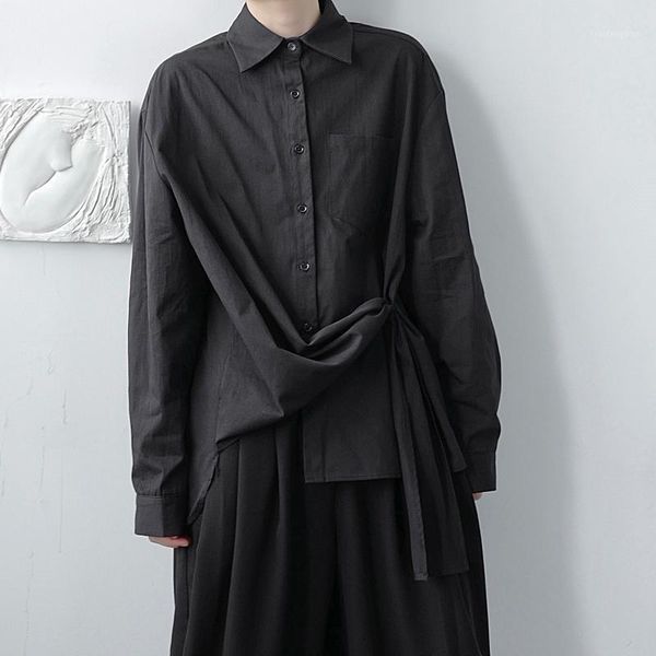 

men long sleeve casual asymmetric hem shirt male women couple japan korea streetwear fashion loose solid color shirts1, White;black