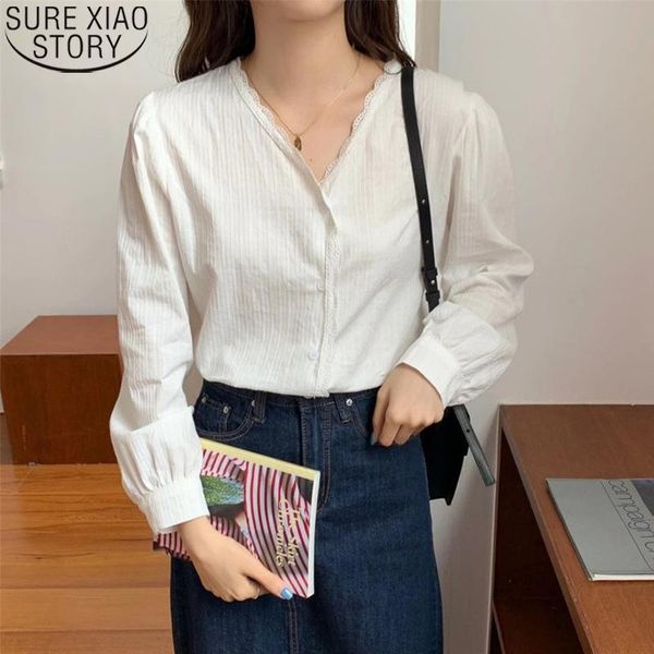 

elegant korean lace blouse women shirt 2021 spring and autumn long sleeve v-neck puff sleeve loose chemisier femme 11190, White