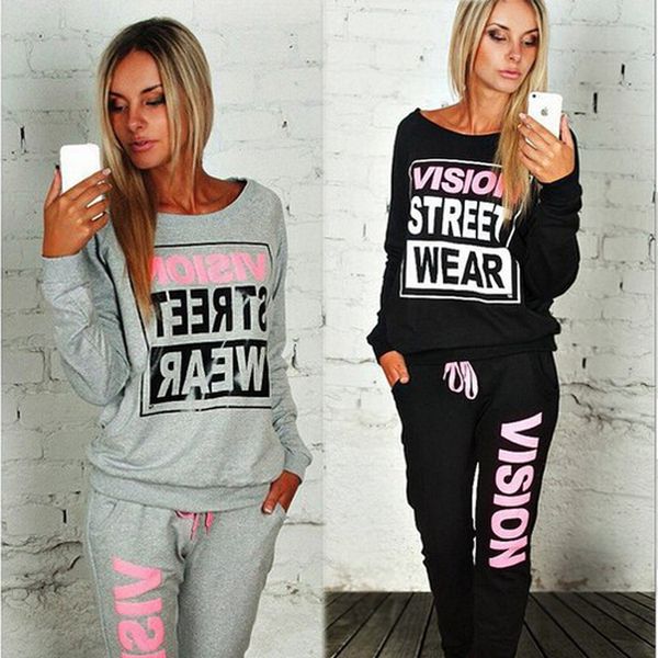 

8932#2020 fall crew neck pullover letter long sleeve two piece set, White
