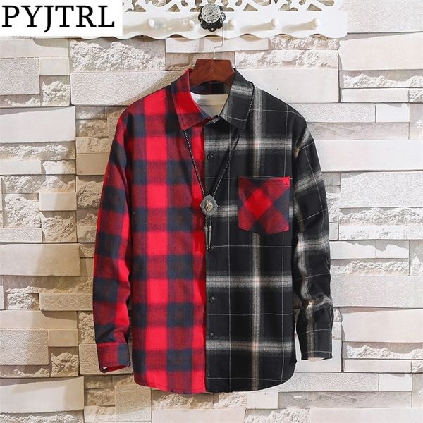 

pyjtrl vintage plaid shirts men women autumn high street hip hop oversized couple shirt 1022, White;black