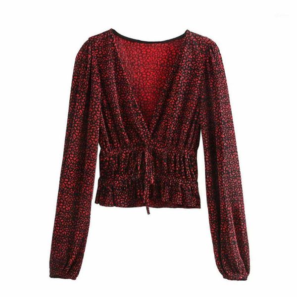 

women's blouses & shirts 2021 women deep v neck pleated smock office lady long sleeve red leopard print casual roupas femininas blusas, White