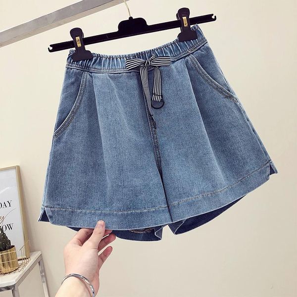 

oversize 5xl loose women denim shorts summer new drawstring high waist pleated wide leg casual female shorts quality, White;black
