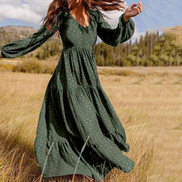

women's autumn sundress zanzea 2020 fashion ruffle maxi dress floral print robe casual puff sleeve tunic vestidos plus size 5xl, Black;gray