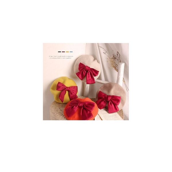 

fashion wool baby hat for girls candy color elastic infant baby beret hat kids caps with big bow for girls 2- qylfdw, Yellow