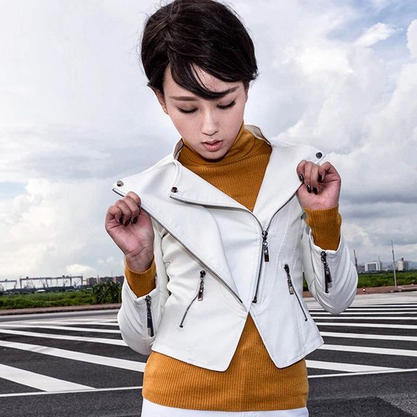 

женщины кожезаменитель куртки короткие кожаные куртки мотоцикла дамы черный белый красный пиджак плюс размер s-2xl, Black